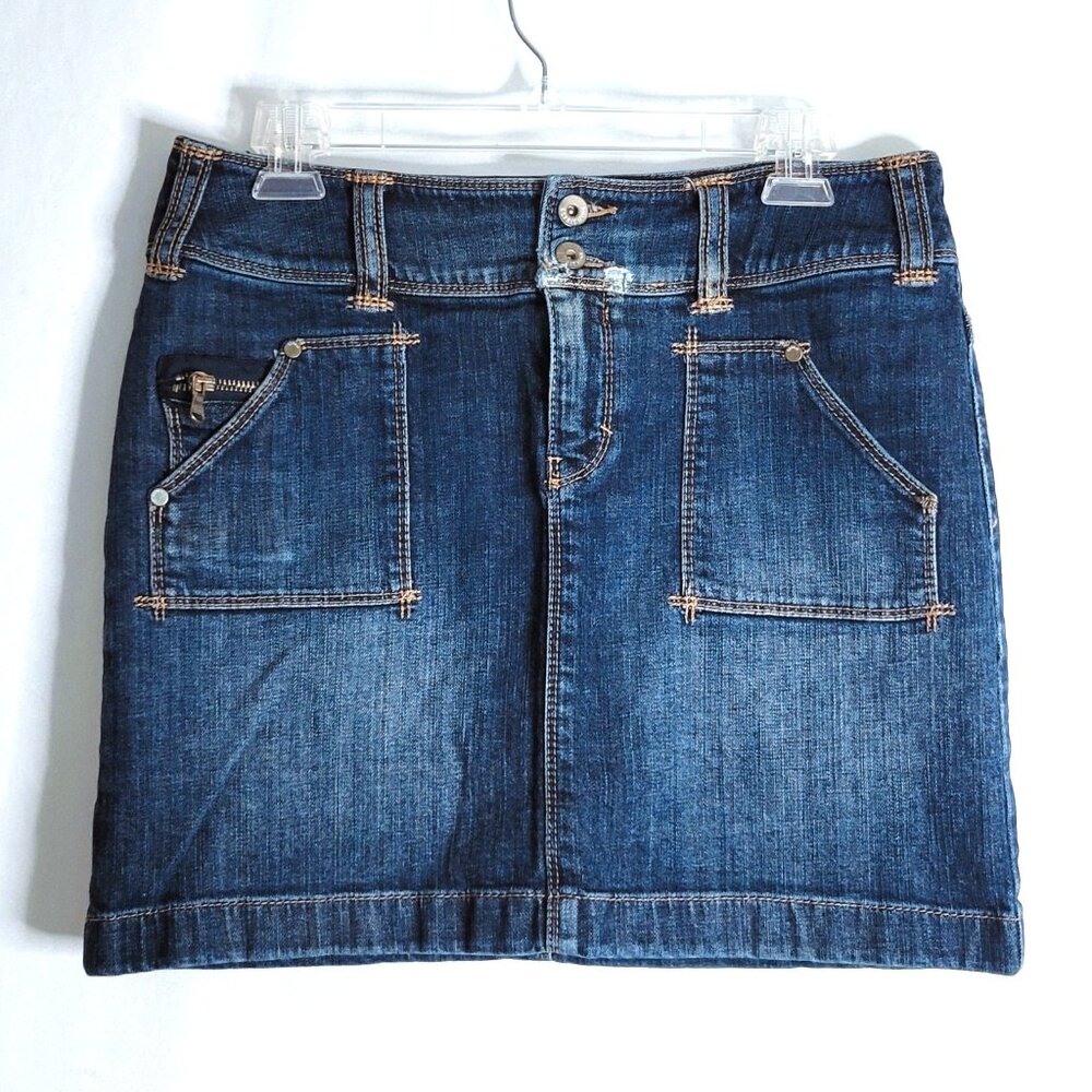 Esprit Womens Size 10 Denim Mini Skirt Zip Pockets Embroidered Distressed